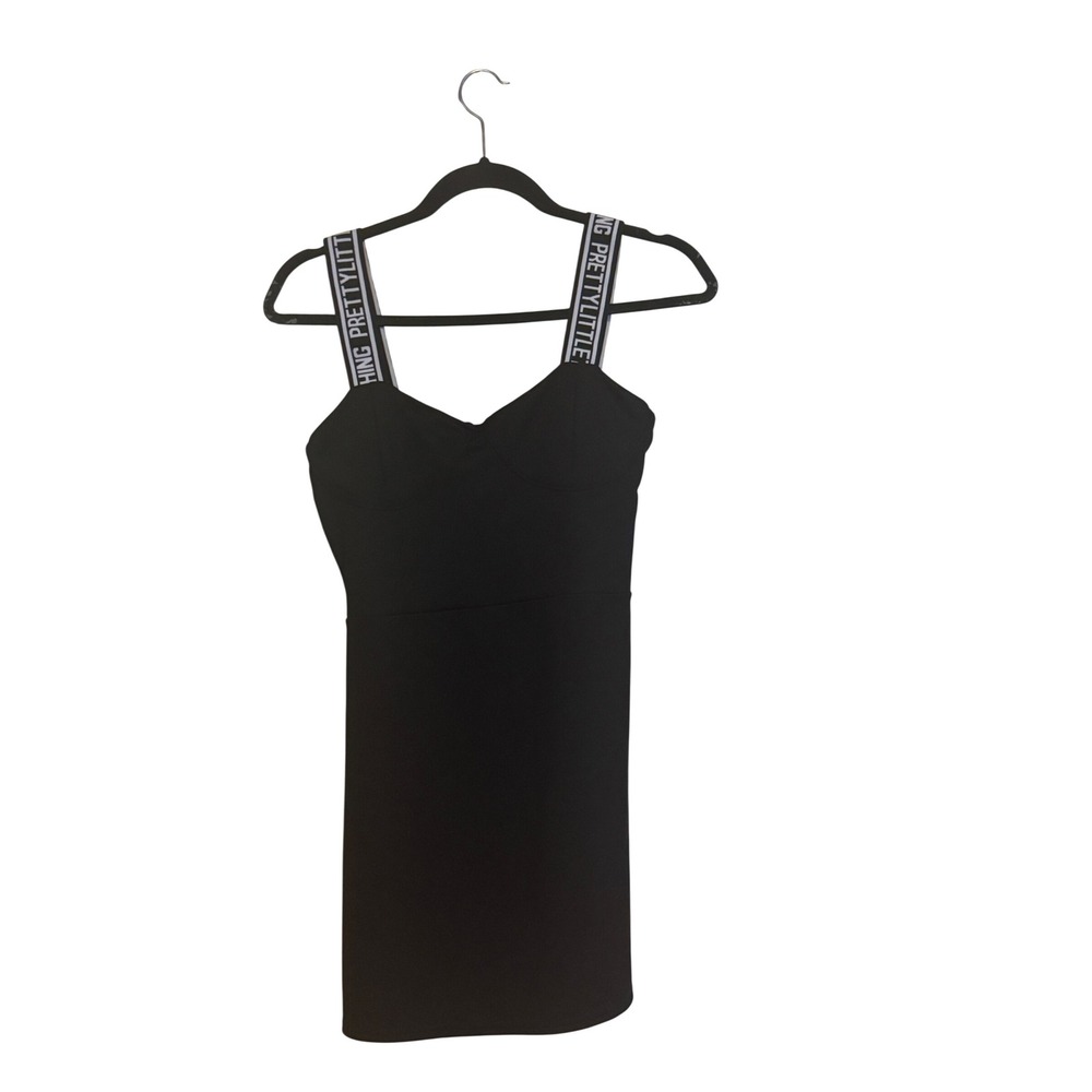 Pretty Little Thing Black Bodycon Dress Branded Elastic Strap Size M